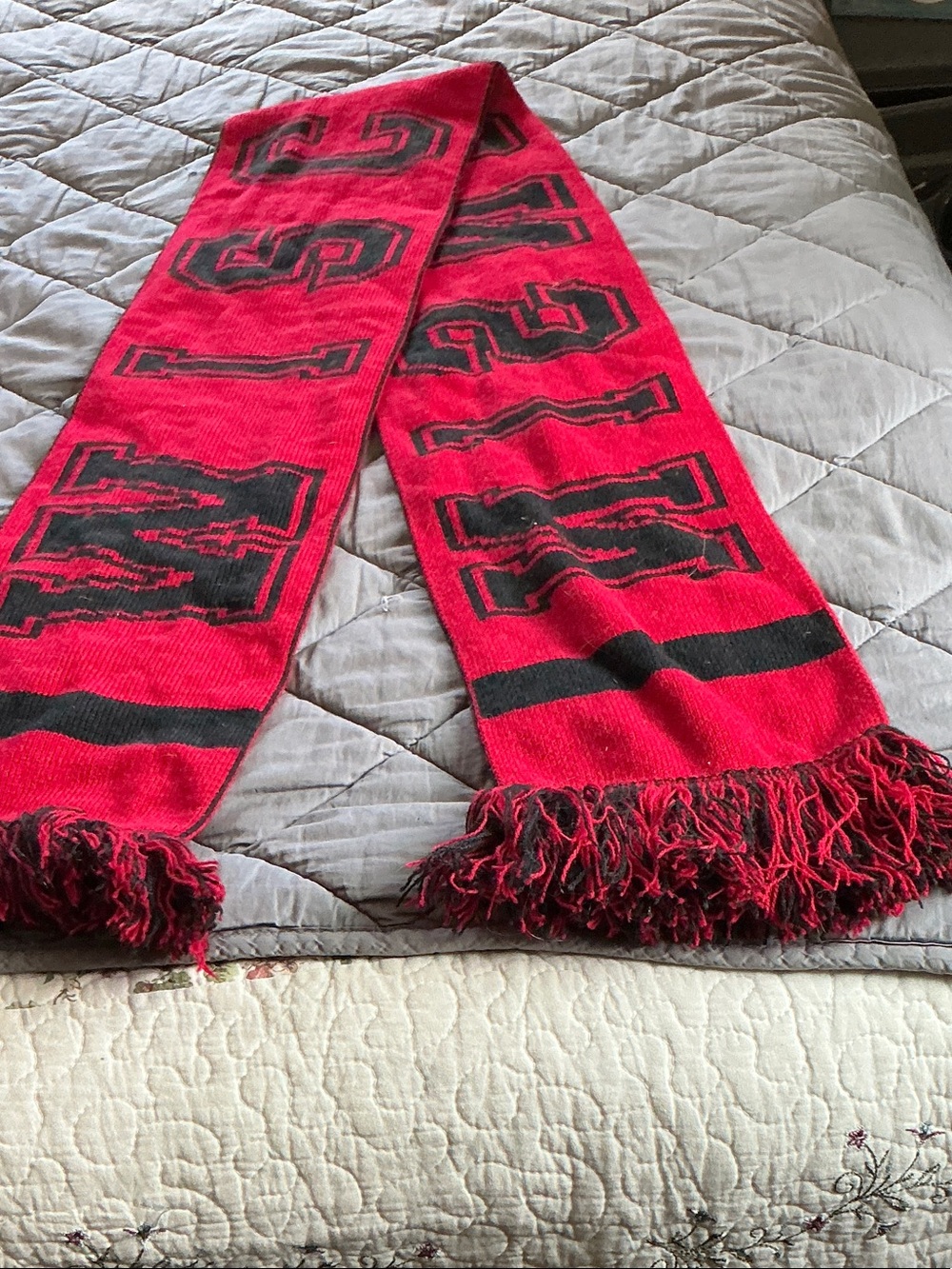 Red and Black Knit Fringe Scarf